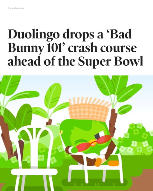 ¿Listo para aprender?

@duolingo, known for its irreverent marketing and advertising strategies, is helping English-only speakers learn basic Bad Bunny Spanish ahead of the Super Bowl.

In a 15-second video shared on its social platforms and aired on TV, Duo dresses as Bad Bunny and introduces terms like “Perreo“ and “Tití Me Preguntó,” translating them into plain English.

While Duolingo won’t run an ad during the game itself, its pre-game TV campaign is supported by a social media countdown, and audio placements on music platforms.

#SuperBowl #SuperBowlAds #BadBunny #Halftimeshow #branding #marketing #graphicdesign #duolingo #spanish #puertorico #design