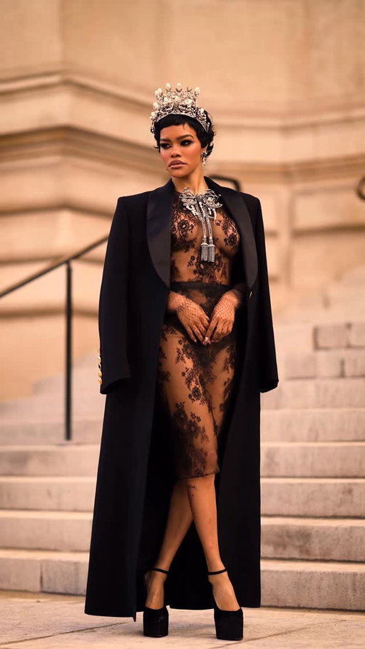 TEYANA CROWN AFFAIR.  @TeyanaTaylor arriving to the @Schiaparelli Spring/Summer 2026 Haute Couture Show at the @PetitPalais_Musee in Paris.  Teyana wears a sharp-shouldered transparent top in black chantilly lace with a matching pencil skirt.  Antique silver head crown with pearls and rhinestones and an antique silver chandelier brooch with a rhinestone knot.  Video @SametGorgozfilms Music @BenBrunnemer  #Schiaparelli
