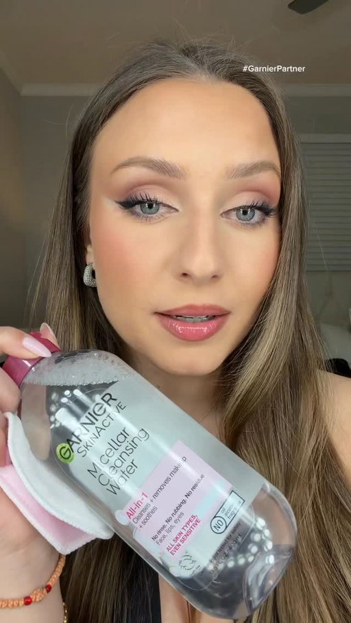 I have sensitive skin, and I always reach for @garnierusa Micellar Cleansing Water All-in-1 for Sensitive Skin because it lifts face, eye, and lip makeup effortlessly - no harsh rubbing, no irritation. I even use it on a cotton swab to clean up eyeliner while doing my makeup. If you have sensitive skin, this is one product you should always keep on hand. #garnierpartner
