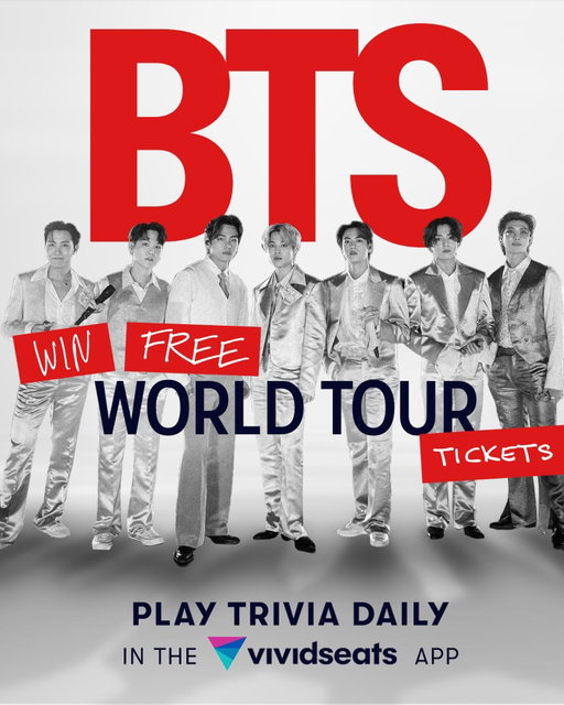 Hey ARMY, have you entered to win free BTS tickets yet? 💜🔥
Play our BTS Trivia in the Vivid Seats app for a chance to win two tickets to the city of your choice (up to $1,000!) 🎤✨

🔗 You know where to find the link! Ends 1/27. Up to $1,000 value.
