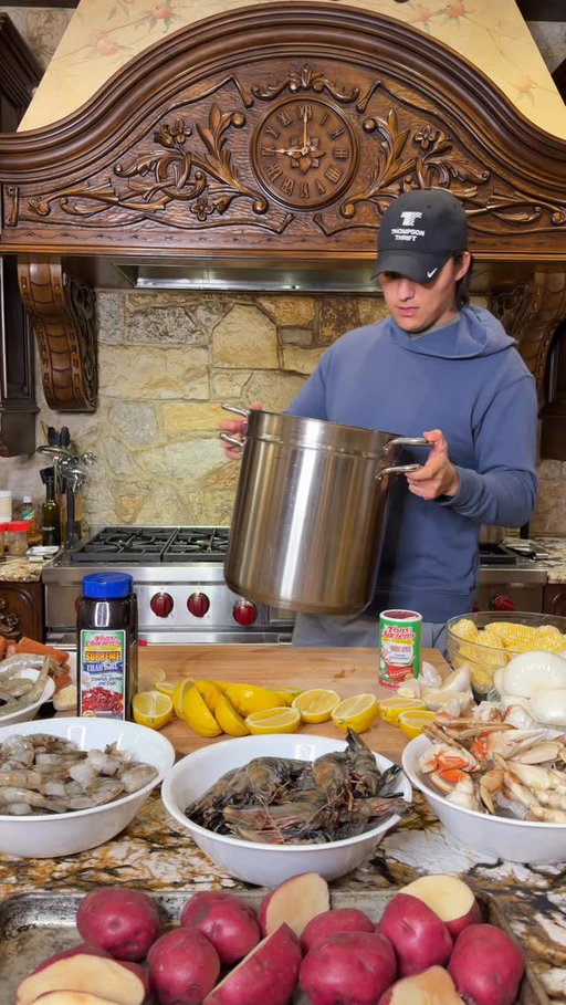 First seafood boil ever. 10 people. No pressure | Full recipe ⬇️

Seafood Boil

 Serves: ~10 people
 Cook Time: ~1 hour (plus soak)
Ingredients
Seafood & Proteins
6 lb large shrimp (shell-on, preferably head-on)
5 lb snow crab legs
3 lb andouille sausage, cut into 4–5” pieces
Vegetables & Add-Ins
4–5 lb red potatoes
10–12 ears corn, halved
4 large yellow onions, halved
4–6 whole heads garlic, halved horizontally
6–8 lemons, halved
Seasoning
1½–2 cups Tony Chachere’s Crawfish, Shrimp & Crab Boil 
¾–1 cup Tony Chachere’s More Spice Seasoning
6 bay leaves
Finish
2 sticks butter
1–2 tsp Tony Chachere’s More Spice
Instructions
1. Build the boil
Fill a large outdoor boil pot about ¾ full with water.
Add:
Crawfish Boil
More Spice
Bay leaves
Onions
Garlic
Lemons
Bring to a rolling boil and let it boil 20–30 minutes to fully season the water.
Tip: Taste the water. It should be salty, spicy, and lemony.
2. Potatoes first
Add potatoes and boil 15 minutes.
3. Sausage + corn
Add andouille sausage and corn.
Boil 5 minutes.
4. Seafood
Add crab legs and boil 5 minutes.
Add shrimp and boil 2–3 minutes, just until pink.
Turn off the heat.
5. Soak
Let everything soak in the seasoned water for 20–30 minutes.
6. Finish
Melt butter & drizzle over the boil after dumping. Sprinkle a little bit of Tony’s More Spice on top
To Serve
Dump onto a table lined with food-safe parchment or butcher paper.
Serve hot with:
Extra Tony’s
Hot sauce
Plenty of napkins
No forks required.
