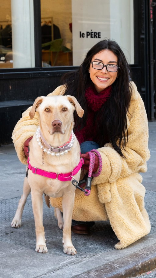 Boston, Labrador Retriever, Orchard & Broome St., New York, NY • “I bought this jacket yesterday and was like, wait, now I look like my dog. I’m from Boston, and I never really go back home, and she’s like my home away from home. The way I describe Boston is she’s like Marley and Me –  kind of a nightmare in the best way possible, but the sweetest. I was telling you before, she poops in the crosswalk every day. So, like, as we’re crossing the street and the light’s about to change, the cars are about to come, she decides to take a dump in the middle of the crosswalk.  If I leave her unattended, I know something is going to be eaten… My cats, I can just leave them.(Boston’s Era) would be Life of a Showgirl. I think that would be hers because she kind of is a show dog. She’s always on the road with me; she has her pearls. Mine would be Reputation. She will really eat anything, but weirdly enough, she is obsessed with lettuce –  she’s a New York Girly. I want her to outlive me. We try to get her 10,000 steps in; she loves to run. She’s addicted to tennis balls… like, oh my god, obsessed.” @bostonlapaglia