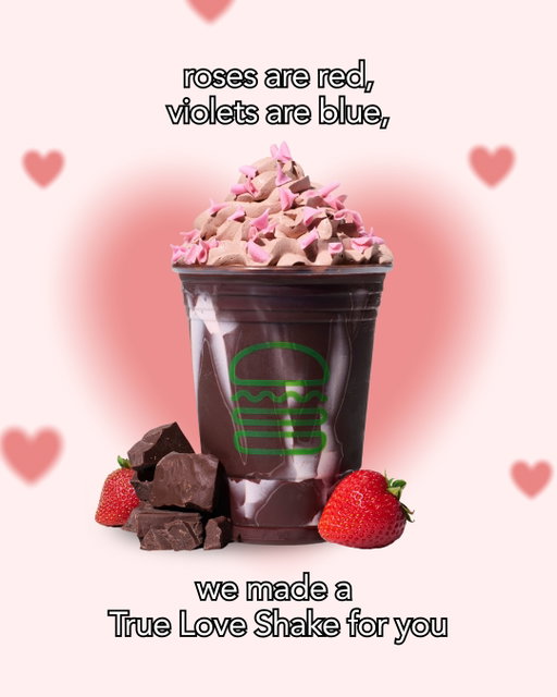 A shake as complex as love itself.
 
The new True Love Shake is hand-spun with creamy strawberry frozen custard in a crackable dark chocolate shell, topped with chocolate whipped cream and pink chocolate curls.
 
Handle with care.