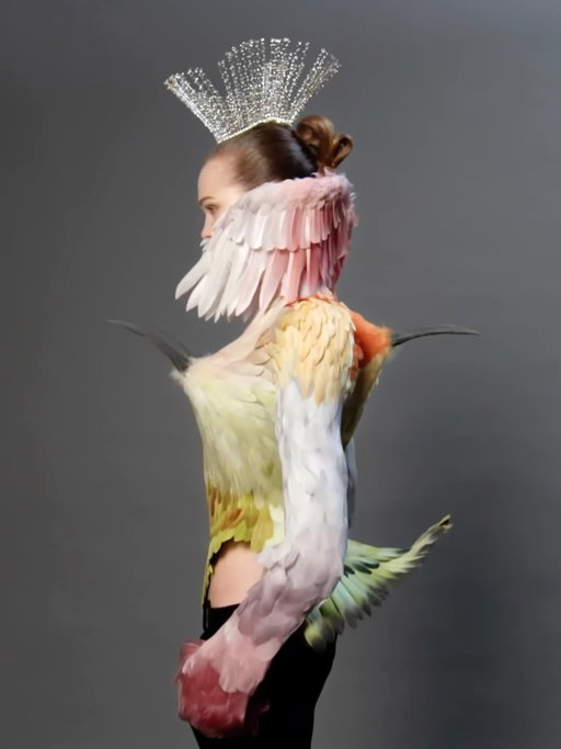 LOOK 29 - LULU, photographed by @DanielRoseberry, taken minutes before the show.

‘THE AGONY AND THE ECSTASY’
HAUTE COUTURE SPRING/SUMMER 2026

Lulu wears a sharp-shouldered ‘Elsa’ jacket in black cotton and organza enhanced with a defying gravity
hip and a wing collar embroidered with thousands of hand-painted sfumato effect feathers from pistachio to coral, Shocking pink. 
The jacket is enhanced with four hand-sculpted 3D bird beaks in shades of browns and mauves and defying gravity hips.
A silver metal sun-shaped headpiece set with rhinestones.
Black satin sandal with an asymmetrical wavy vamp enhanced with a strassed Keyhole and a
curved heel.

Stylist @_MarieChaix_
Casting @Piergiorgio Makeup @PatMcGrathreal Hair @GuidoPalau Nails @Cam.t.artist
Film Direction: @ClaraCullen Film Production: @WalterFilms
Music @BenBrunnemer Production @VillaEugenie 

#Schiaparelli