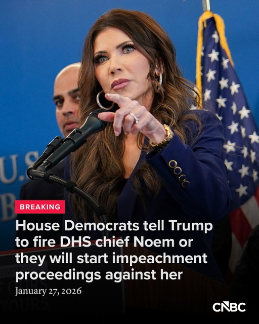 House Democratic leaders on Tuesday threatened to begin impeachment proceedings against Department of Homeland Secretary Kristi Noem if President Donald Trump does not fire her first.

Noem has faced increased pressure in recent days for her comments in the wake of the shooting of Alex Pretti, a U.S. citizen killed by federal agents in Minneapolis on Saturday.

Full details: Link in bio.