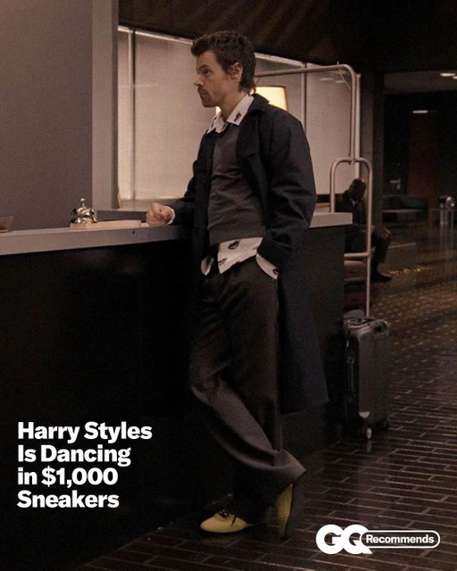 Harry Styles is back, and he's flying around his music videos again. In the “Aperture” music video, the fleet-footed pop star sports a pair of bright green, dainty Prada shoes. Get all the details on the kicks in question at the link in bio.