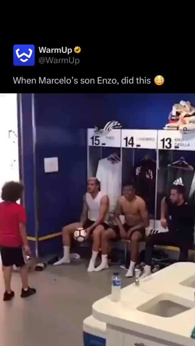 🤩

In May 2018, Marcelo’s then eight-year-old son, Enzo Alves Vieira, went viral for completing a “bin challenge” in the Real Madrid dressing room. While the first-team stars sat on benches, Enzo successfully exchanged headers with 11 players in succession without the ball touching the floor. The sequence included teammates like Luka Modrić, Casemiro, and his father, before a final exchange with captain Sergio Ramos directed the ball into a laundry bin. The players immediately mobbed the youngster in celebration.

(Via @marcelotwelve )