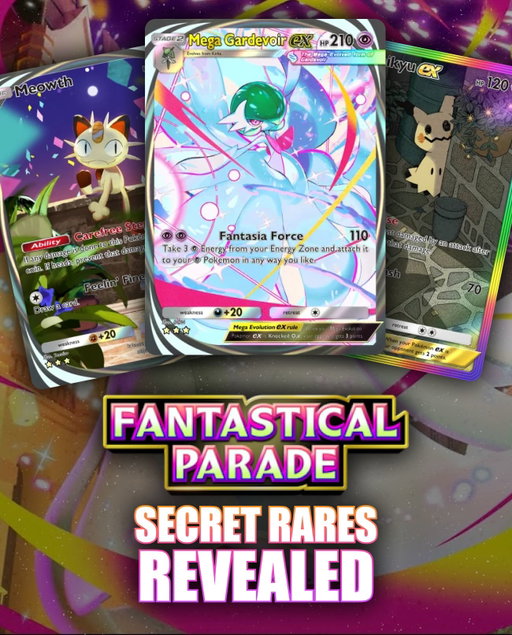 Fantastical Parade Secret Rares revealed!! 

Fantastical Parade launches tonight on Pokemon TCG Pocket. The set is headlined by Mega Gardevoir ex and  introduces Stadium cards to Pocket for the first time, such as Peculiar Plaza.

Follow for more of the latest Pokémon news/content! 

#pokemon #pokemoncommunity #pokemoncards  #pokemontcg