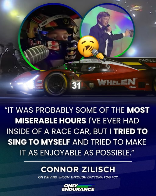 How many times can you sing Sweet Caroline in a 3h53m stint? 🎤

It’s fair to say rising start Connor Zilisch drew the short straw at Daytona, driving nearly four hours at the wheel of the #31 Cadillac Whelen GTP entry in the heavy overnight fog.

At least he found a way to keep himself amused 🥱

—
✍️ @timfullbrook
📸 @imsa

🔵 Collecting endurance fans, join the OE community 📲

👥 163,988/200,000 👥
—
#onlyendurance #imsa #zilisch #cadillac #daytona #gtp #lemans24 #motorsport