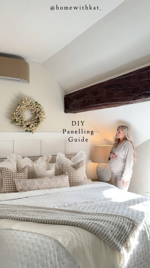 DIY £15 SHAKER PANELLING GUIDE ⬇️ 

I panelled another wall whilst my husband was at work 😂 is this becoming a pattern… no but sorry I am CHUFFED! It’s transformed the space 🙌🏼✨ guided for measuring & tools you need below! Make sure to like & save this reel for later! I got everything I needed from @bandq_uk 

TOOLS NEEDED: 
2 x £15.97 MDF shaker panelling kits 1.2m in height 
21 x 29 x 2400mm Scotia Pine trim for dado rail 
Pencil & paper 
Spirit level 
No more nails glue & caulk, MDF primer & paint of choice 

MEASUREMENT GUIDE: 
(If you’re not sure, you could use CHAT GPT but I like to do it myself)… 
1. Measure width of wall 
2. I knew my height as I was using the full mdf strip height of 1.2m as they come. 
3. Measure width of MDF strip (say 10cm) 
4. Decide how many panel squares (ish) you want for your aesthetic - completely your choice if you want less your gaps will look wider, if you want more they’ll look smaller. I wanted 7. 
5. If I want 7 panels, I need 8 strips stuck across. They are 10cm wide so that’s 80cm in strip widths. 
6. Take the width of your wall, and minus your strip widths (mine was 80cm) 
7. Whatever you’re left with, divide that by how many panel gaps you want (I wanted 7). That number is how wide each gap is! 
8. Draw onto paper & check numbers add up! Draw into wall! 

Any other questions please ask in caption! 

Lots of love, Kat xxxxxx