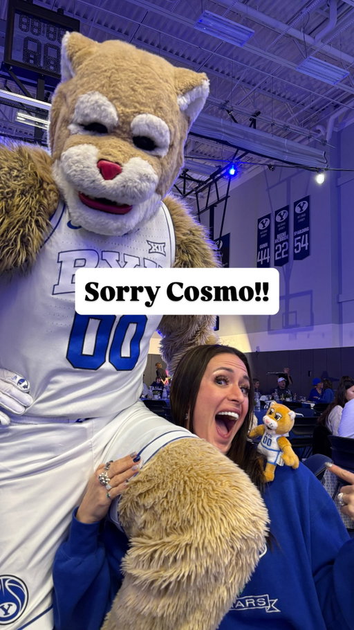 That was NOT my intent. 🤦🏻‍♀️🤦🏻‍♀️ 

I was so excited about my Cosmo the Cougar shoulder buddy from @my.spuddy. So when the REAL @cosmo_cougar saw it and “hopped” on my other shoulder I was laughing so hard. 

It wasn’t until I saw the pictures my husband had taken that I realized…. WTF is my hand doing there?! 

To the poor BYU student that I accidentally grabbed - 
I am SO SORRY!! 😳🫠😮‍💨