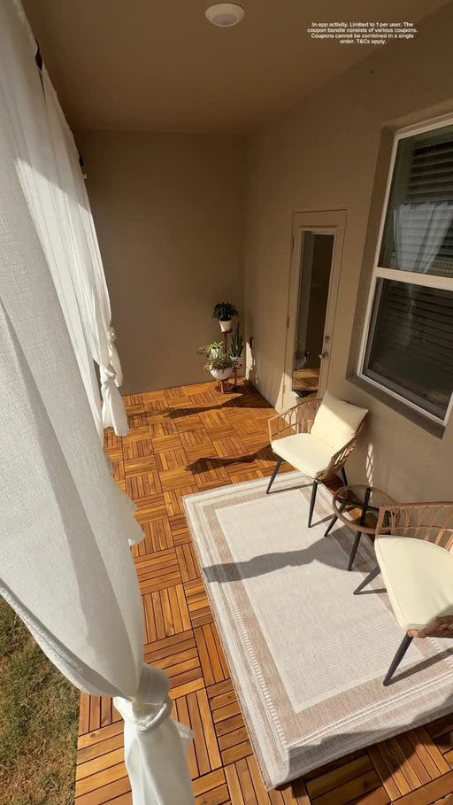 Small patio refresh idea!🌷✨ These interlocking wood tiles make the biggest difference! #ad

🔍CODE【kch6887】in the search bar on Temu or use the link below to claim $100 coupon bundle! @shoptemu 

https://app.temu.com/k/peb6cxr1zpb

*In-app activity. Limited to 1 per user. The coupon bundle consists of various coupons. Coupons cannot be combined in a single order. T&Cs apply.
#temubday #temu #temufinds #shoptemu