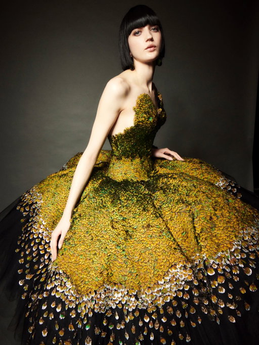 LOOK 12 - EVA, photographed by @DanielRoseberry, taken minutes before the show. 

‘THE AGONY AND THE ECSTASY’
HAUTE COUTURE SPRING/SUMMER 2026

Eva’s look is made of 13800 raw silk feathers in 28 shades. 
She wears a bustier gown with a dramatic décolleté embroidered with iridecent absinth green crystal-dipped peacock feathers. Underneath the jupon are stacked layers of black tulle. Bird head earrings holding a green drop in its beak in resin and warm silver. 
Nude satin sandal with an asymmetrical wavy vamp enhanced with a strassed Keyhole and a curved heel.

Stylist @_MarieChaix_
Casting @Piergiorgio Makeup @PatMcGrathreal Hair @GuidoPalau Nails @Cam.t.artist
Film Direction @ClaraCullen Film Production @WalterFilms
Music @BenBrunnemer
Shoot Lighting @charles.hdn  Production @VillaEugenie
Location @PetitPalais_Musee 

#Schiaparelli