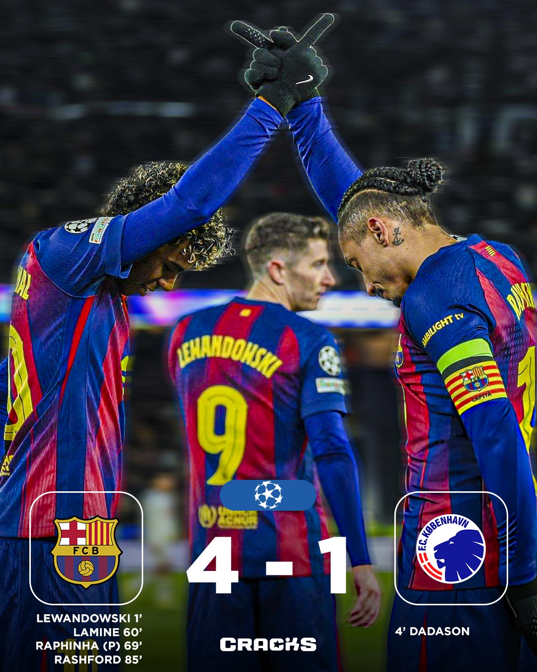 ➟ 𝙁𝙄𝙉𝘼𝙇 | Barcelona 4-1 Copenhague

𝐁𝐀𝐑𝐂̧𝐀 𝐒𝐄 𝐌𝐄𝐓𝐄 𝐄𝐍 𝐄𝐋 𝐓𝐎𝐏 𝟖. Acaba 5º.

Jornada 8 🗓 | Champions League 🇪🇺