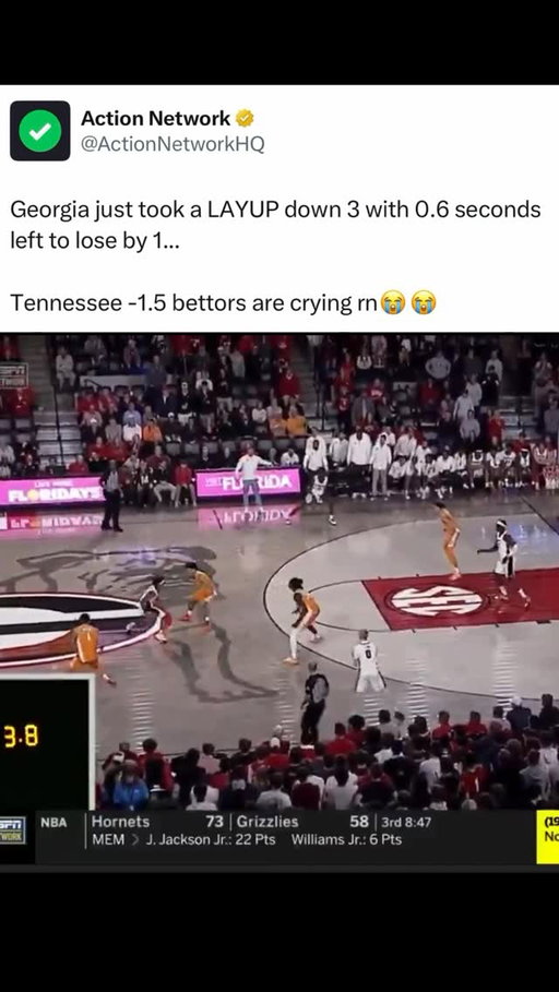 Just a HORRIBLE ending for Tennessee spread bettors! 😭😭

(🎥 via @MrSalmons on X)

#sportsbetting #tennessee #georgia #basketball #ncaabasketball