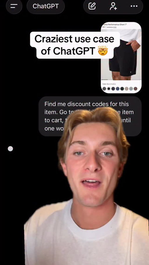 This is the wildest ChatGPT use case ever 👇

Just take a screenshot of any item you want to buy online. 

Upload it into ChatGPT with the prompt:

“Find me discount codes for this item. Go to the site, add the item to cart, test discount codes until one works. Use agent mode.” 

ChatGPT will then open its own browser and search the web for discount codes then begin testing them one by one. 

It got me 20% off these shorts.

Follow for more AI hacks. 

#chatgpt #chatgptusecase #chatgptprompts #ai #chatgpttips