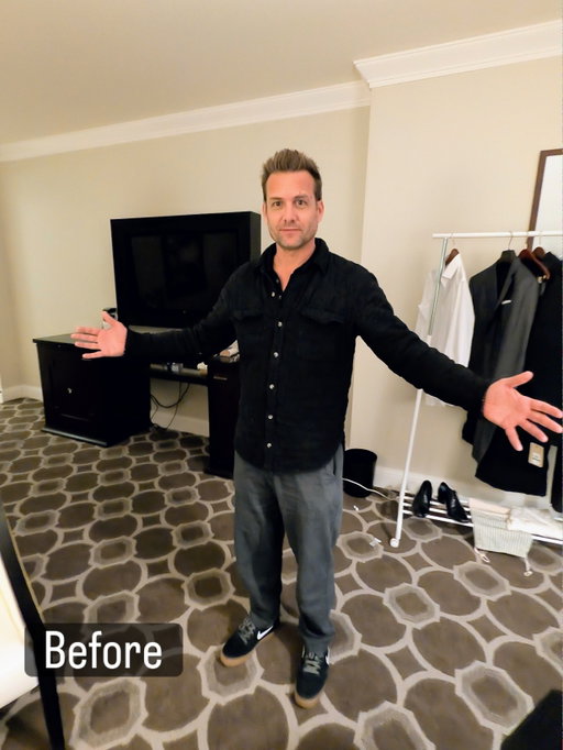 Throwback Thursday to a behind the scenes transformation, and the superstar designer behind my suit: Before, After - courtesy of @jolieandreatta costume designer for Suits. Ready for AMG! #throwback #bts #behindthescenes #tbt #suits