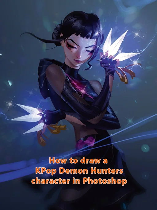 Check out illustrator Jiunn Kuo's golden tutorial for creating KPop Demon Hunters fan art in Photoshop (in this case, Zoey with her signature shin-kal throwing knives). See the full tutorial and download the brushes from our website (link in bio).
.
.
#kpopdemonhunters #photoshop #zoey #kpop #arttutorials