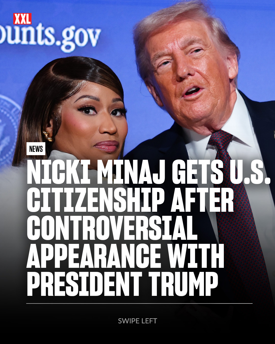 Nicki Minaj's recent endorsement of President Trump has come with a reward, as she has been granted U.S. citizenship following a controversial appearance with the POTUS.

On Wednesday (Jan. 28), Nicki Minaj joined President Trump on stage as he delivered a speech during the Treasury Department's Trump Accounts Summit at Andrew W. Mellon Auditorium in Washington, DC. It looks like Nicki's unyielding support of the MAGA regime has paid off. Shortly after the event, she shared a photo on X of a Trump Gold Card.

The card grants citizenship to illegal aliens, for a price. According ot the Department of Homeland Security website, applicants must pay a $15,000 application fee and give a $1 million gift "upon completion of the individual’s vetting is evidence that the individual will substantially benefit the United States." However, Nicki says her card was free. 

"Finalizing that citizenship paperwork as we speak as per MY wonderful, gracious, charming President," she typed in a follow-up post. "Thanks to the petition. I wouldn’t have done it without you. Oh CitizenNIKA you are thee moment. Gold Trump card free of charge."

After previously calling out President Trump, Nicki Minaj, who came to the country illegally from Trinidad at the age of 5, has turned into a full-throated MAGA supporter recently. This is the third time in two months that she has endorsed the Trump regime. Last November, she spoke at a United Nations event in New York on the party's behalf. In December, she was a surprise guest at Erika Kirk's AmericanFest conference, where Nicki was over the top with her praise of Trump. During Wednesday's event, she labeled Trump the best president of all time.