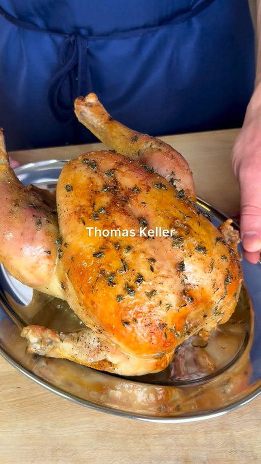How to Make Thomas Keller’s Roast Chicken ⭐️⭐️⭐️

FULL RECIPE BELOW ⬇️

INGREDIENTS:
1 4-5 lb chicken
1.75L cold water
250g ice (~1 cup)
1/3 cup kosher salt + more to taste
2 tbsp granulated sugar
2 bay leaves
2 sprigs rosemary
1 tsp whole black peppercorns 
1/2 lemon
1/4 lb + 1 tbsp butter 
7-8 sprigs thyme
1 large carrot
2 Yukon gold potatoes 
1 large leek
1 shallot
100mL white wine
1L chicken stock (no salt added)
Freshly cracked black pepper (to taste)

CHICKEN INSTRUCTIONS:
1. At least 48 hours before cooking, but ideally 3-4 days before cooking, make the brine for your chicken. Add your salt, sugar, bay leaves, rosemary, and whole peppercorns to a small pot, and cover with 250mL of your water. Bring to a boil, just until the salt and sugar is fully dissolved. Transfer your brine base to a large non-reactive container. Whisk in your 250g of ice to cool down the mixture. Add your remaining 1.5L of cold water. Add the juice from your 1/2 lemon, and throw the lemon in as well. Place your chicken into the brine, ensuring it is fully submerged. You can do this by placing a small plate on top of the chicken to weigh it down. Leave your chicken in the brine, refrigerated, for 1 hour per lb of chicken. In our case, 4-5 hours depending on the size of the chicken. 
2. When your chicken is finished brining, remove it from the brine and place it on a small tray with a wire rack. Pat your chicken dry, and make sure you drain out any liquid in the cavity. Leave your chicken to dry in the fridge, uncovered for at least 24 hours, but ideally 2-3 days before cooking.
3. 1 hour before cooking your chicken, remove it from the fridge to come up to room temperature. While doing so, truss your chicken. You will likely need about 6ft of butcher’s twine. I use the technique from Chef’s Steps on YouTube. It pulls the legs away from the breast, and allows the skin to get crispy everywhere. Here’s the link to the video: 

🔗 https://youtu.be/G2leEwcDhXo?si=n6qLSr-x_FgXR6-y 🔗

RECIPE CONTINUES IN THE COMMENTS ⬇️

#roastchicken #roast #chicken #homecooking #recipe