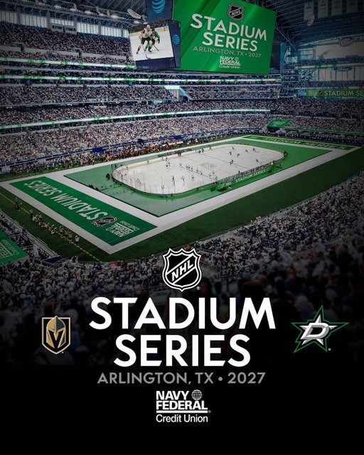 The @vegasgoldenknights will face the @dallasstars in the 2027 @navyfederal NHL #StadiumSeries! 🏟️

This game will take place at AT&T Stadium in Arlington, Texas on February 20th, 2027.