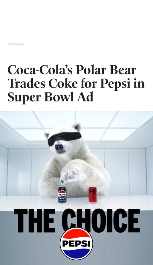 Are brand wars back?

@pepsi has released its 2026 Super Bowl commercial ahead of the game, and it’s already a standout.

The spot, titled “The Choice,” was created by advertising agency @bbdo and directed by Oscar-winning filmmaker @taikawaititi, who also appears in the ad.

The commercial features a CGI polar bear (not to be confused with AI), one of Coca-Cola’s most iconic holiday mascots, taking part in the Pepsi Challenge, the blind taste test originally launched in 1975. The bear is surprised when he chooses Pepsi over Coke.

The ad follows the bear as he struggles with the decision until he meets another polar bear who also prefers Pepsi. In a humorous callback to the viral Coldplay concert jumbotron moment, the two are shown on the big screen enjoying Pepsi. This time, instead of hiding, they proudly embrace their choice.

#branding #cocacola #pepsi #campaign #graphicdesign #designinspiration #marketing #coke #superbowl #superbowlads