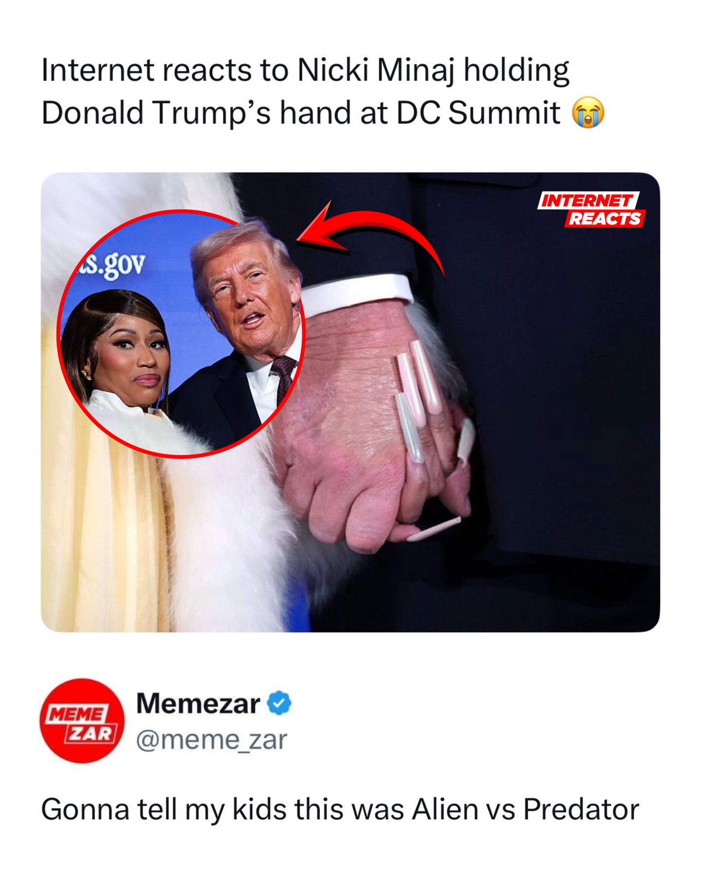 😂➡️ Swipe to see how the Internet reacted to the moment Nicki Minaj held Donald Trump’s hand at the DC Summit. The photo instantly became meme fuel because the combination of Trump’s noticeably discolored hand and Nicki’s long, dramatic nails created one of the strangest hand holding visuals ever caught on camera.

What made it even funnier is how surreal the entire scene looked. Nicki standing there in a fur coat, Trump looking stiff, and their hands locked together like two characters from completely different universes. Social media did what it does best and turned a single photo into a full comedy event, proving once again that the internet never misses a moment.

#memezar #internetreacts #nickiminaj #donaldtrump