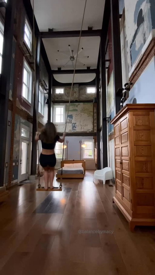The Swing House is an experimental art space by Cincinnati-based artist Mark de Jong, launched in 2017. Centered around a suspended swing that moves like a pendulum, the project reflects on time and memory. Historic wall layers remain exposed beneath an hourglass-shaped ceiling painting, while salvaged materials, artworks, and furniture create a sense of lightness and suspension throughout the space. 🎥: @balancebymacy #architectanddesign 

•
#architecture #design #art #swing