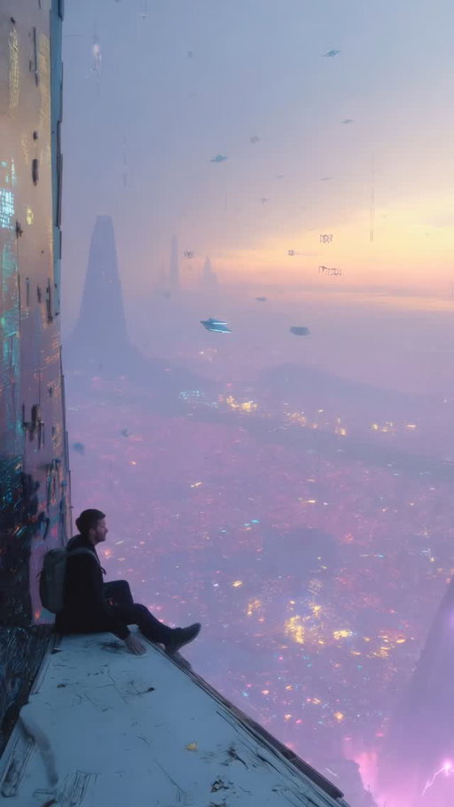 A place I’ve never told anyone about.
Most days, the city below is nothing more than an accumulation of algorithms. But when I sit here, it changes. Subtle currents beneath the building’s skin, transport craft cutting across the sky, particles in the haze quietly rewriting the evening light.
When I realize all of this was shaped by human intention, something gently warms inside me.

—
What kind of future do you imagine?
—
Part of an ongoing sci-fi narrative
about futures yet to be spoken.