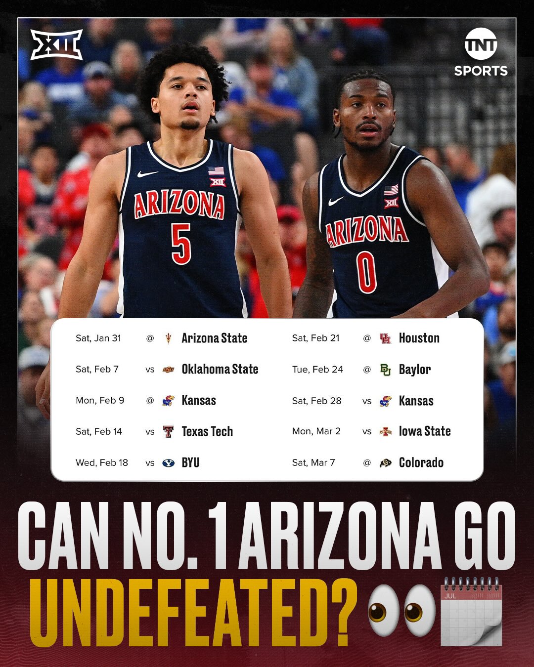 After a dominant performance against BYU on Monday, who stands in Arizona’s way to an undefeated season? 🤔

Don’t miss No. 1 @arizonambb take on Arizona State tomorrow at 2pm ET on TNT, truTV, & HBO Max 📺