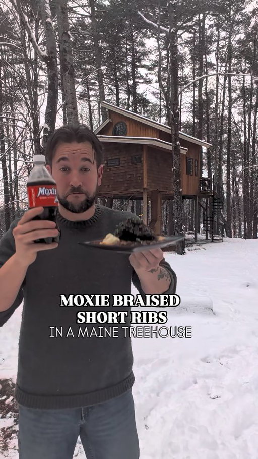 Moxie Braised short ribs in a Maine treehouse

Stayed at  @purposelyl in their amazing treehouse during a snow storm and had a friggin' time.

DIRECTIONS: MOXIE SHORT RIBS 

1. Brown 6X Short ribs in Dutch oven covered in flour. 2-3 minutes each side. 
2. Cut up 3 Carrots, 4 celery, shallot, clove garlic
3. Remove short ribs and add veggies to oiled Dutch oven 
4. Add tomato paste and stir 
5. Add ribs back in with 3 cups stock, 1/2 bottle red wine and 16oz Moxie soda. 
6. Put in over at 350° for 2 with hours 
7. Cut up and boil 4 Russet potatoes 
8. Drain and add 1.5 cups heavy cream, 4tbs butter and roasted garlic, S+P
8. Remove ribs from over and transfer to plate. Discard thyme and bring sauce to boil 
9. Let simmer 15 mins until thickened 
10. Put ribs back in for 10 minutes to hear up 
11. Plate mashed potatoes with rib on top 
12. Cover with sauce and don't stop till it's gone 

DIRECTIONS: BURNT TRAILER 
1. Allen's 
2. Moxie 
To your desired taste. 

#maine #mainething #braisedshortribs #cooking #comfortfood