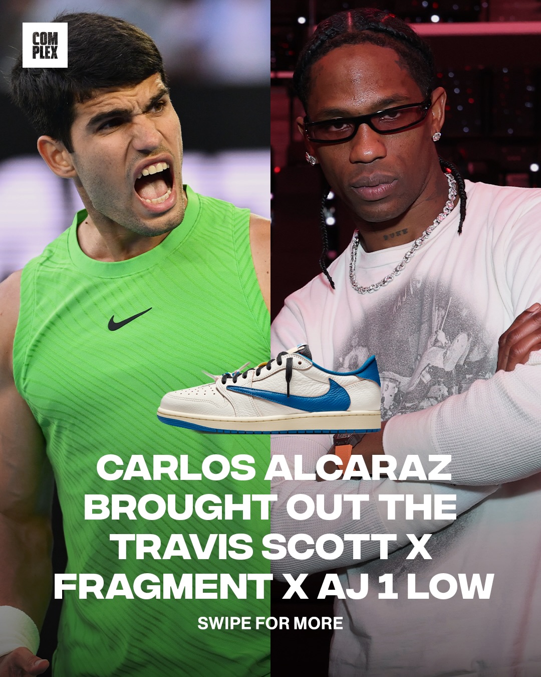 Travis Scott shows Carlos Alcaraz love after he rocked his Fragment x Air Jordan 1 Low collab during a post match interview and advancing to the Australian Open final 🎾

📸: @travisscott