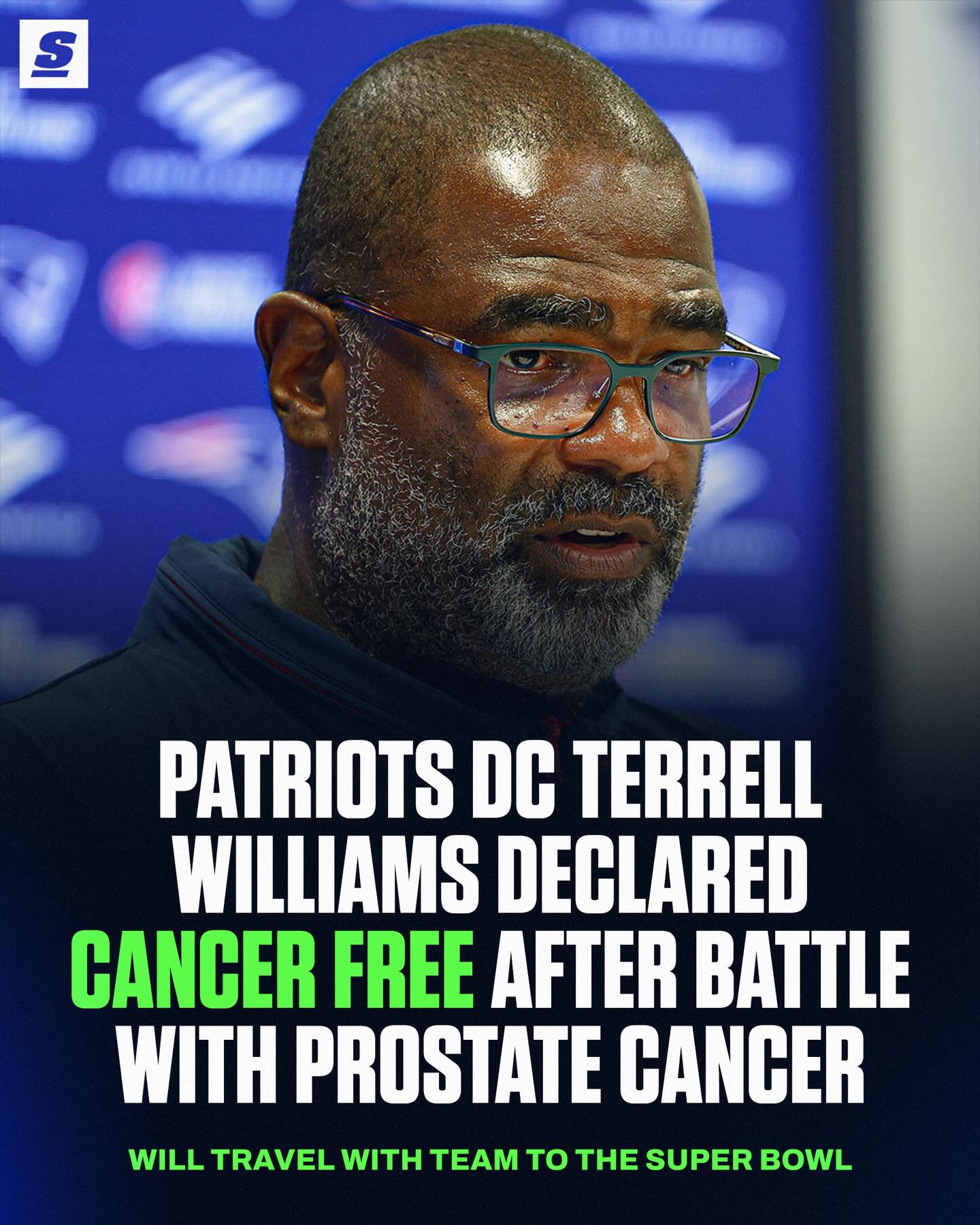 Patriots DC Terrell Williams has been unable to travel with the team this season due to a battle with prostate cancer since September.

Today, just a week out from the Super Bowl, he was declared CANCER FREE. He will travel with the team to SF. ❤️