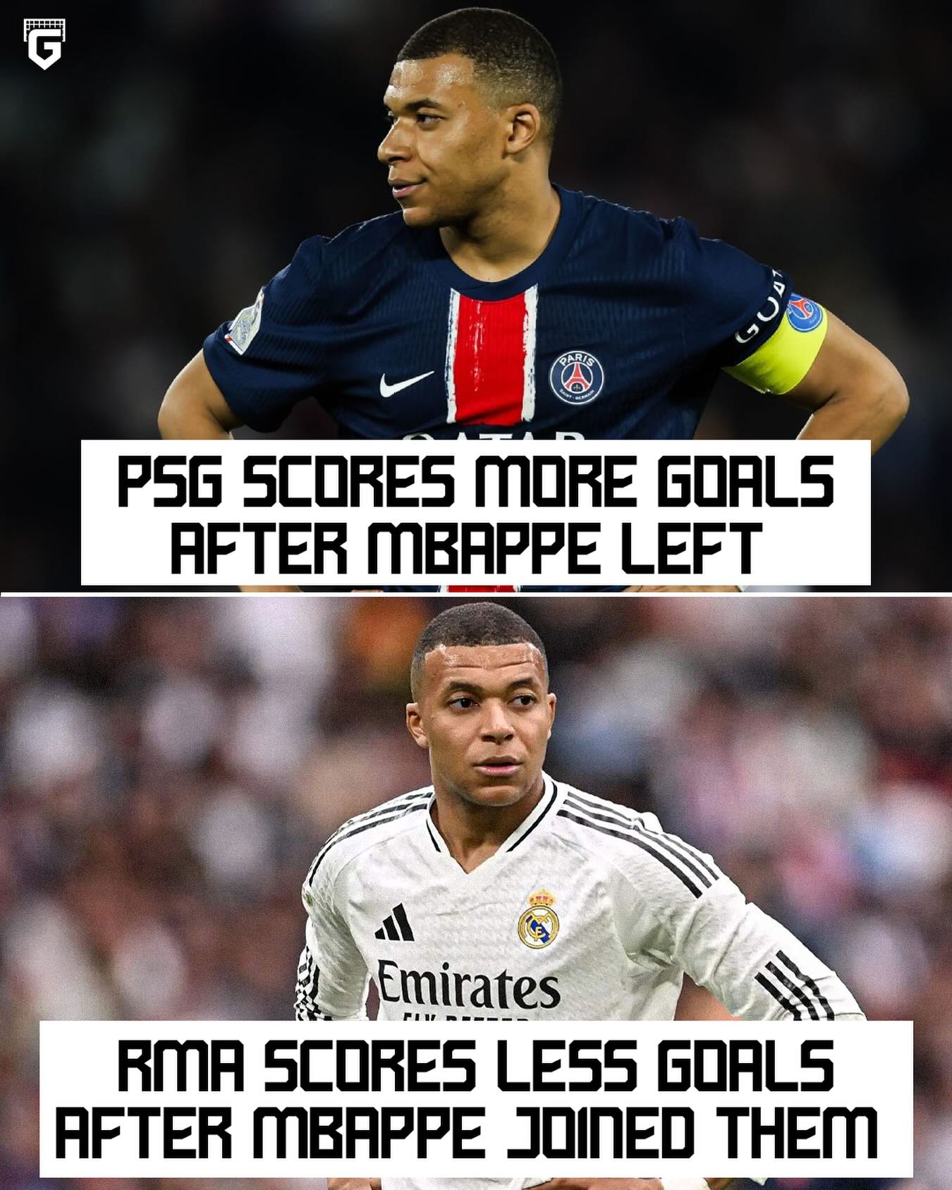 Here’s an interesting stat… PSG averages MORE goals after Mbappe left, and Real Madrid averages LESS goals since Mbappe joined them 🫨

🇫🇷 With PSG: 
- 23/24 (with Mbappe): 2.34 goals per match
- 24/25 (without Mbappe): 2.58 goals per match

🇪🇸 With Real Madrid: 
- 23/24 (without Mbappe): 2.29 goals per match
- 24/25 (with Mbappe): 2.05 goals per match

However, Mbappé had 44 goals for PSG 23/24 and 44 for Real Madrid 24/25 🫣🤔