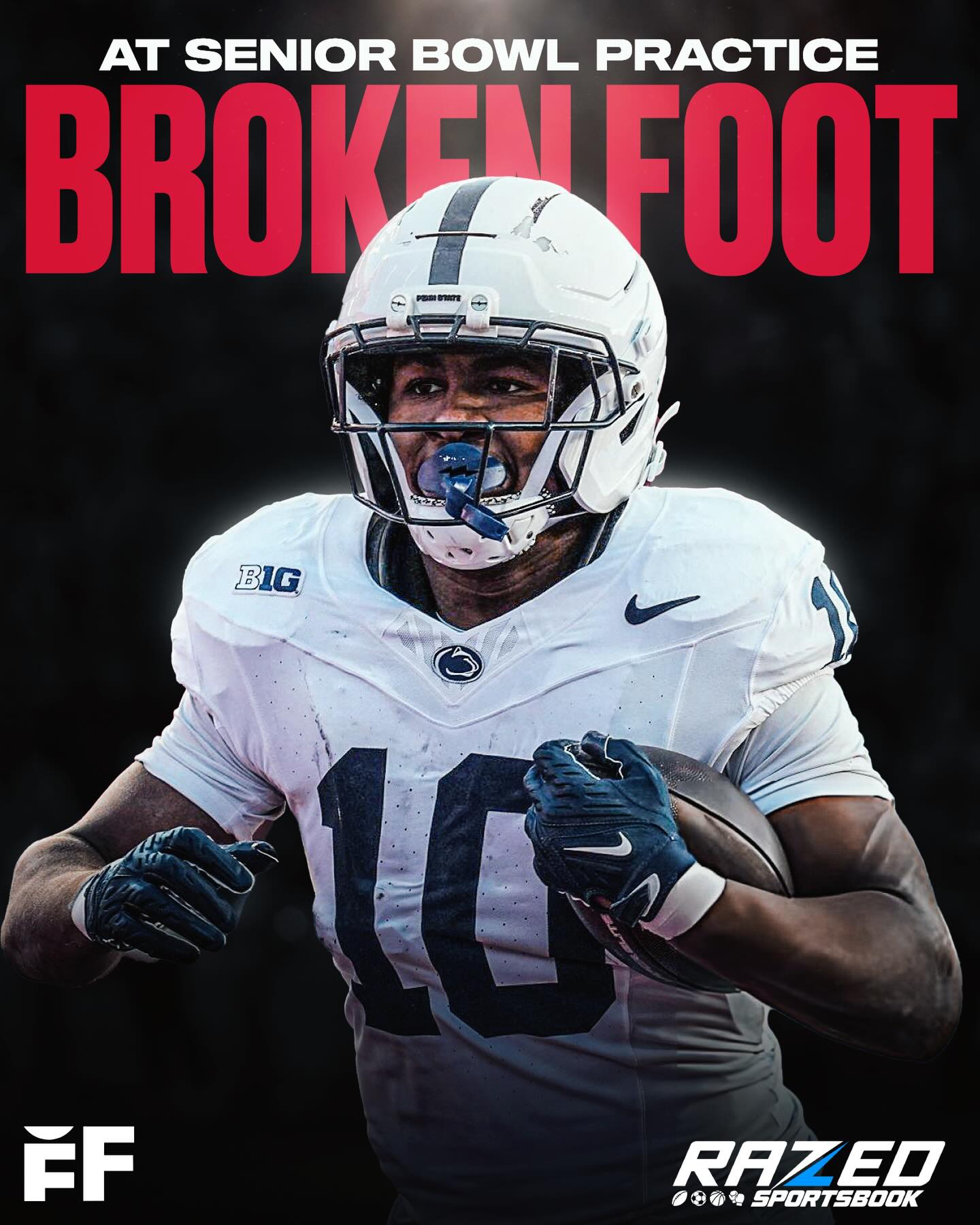 BREAKING: Penn State star RB Nick Singleton suffered a broken bone in his right foot during Thursday’s Senior Bowl practice and will undergo surgery next week to repair the fifth metatarsal bone. 

Singleton, 22, is expected to attend the NFL scouting combine in Indianapolis, but won’t be able to participate in on-field drills and may not be cleared to work out at Penn State’s March pro day. 

Singleton (6-0, 224lbs) rushed for 3,461 yards on 622 carries (5.6 YPC) and 45 TD with 102 receptions for 987 receiving yards, 9 receiving TD, and 1 kick return TD across four seasons and 53 career games at Penn State. 

Singleton finished his college career atop the program’s all-time leaderboards for touchdowns scored (55) and all-purpose yards (5,586).

Singleton previously opted out of December 27th’s Pinstripe Bowl vs. Clemson to avoid injury risk. 

(via Reading Eagle)