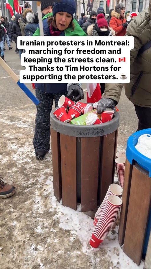 Iranian protesters in Montreal: marching for freedom and keeping the streets clean. 🇨🇦
Thanks to Tim Hortons for supporting the protesters. ☕️
#freeiran #montreal #timhorton #montréal