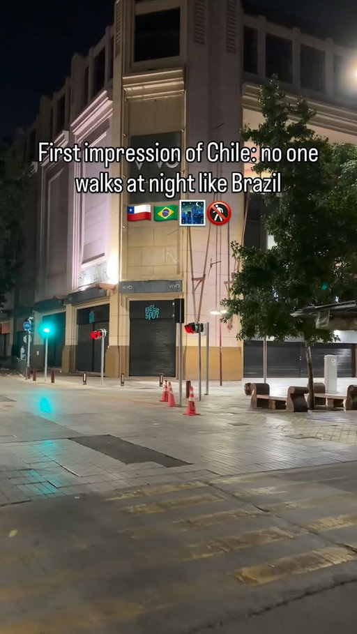 Santiago, Chile 🇨🇱: a complete ghost town at night unless you are on the party streets. This reminds me of major Brazilian cities like São Paulo, where extreme insecurity deters locals from walking around at night. I’m sure Santiago is safer than São Paulo, but the cities look identical to me so far. The only people I see walking outside these areas are people who look unwell.

This is a completely different energy from neighboring Argentina. I hope to discover more about Chile in the next few days—follow to stay up to date.