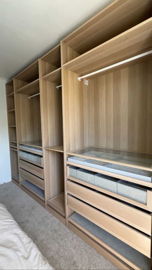 This wardrobe has been a long time coming 😍🙌🏽

We used the @ikea_australia PAX system for our bedroom. 
We have a very small master bedroom, so we’ve gone wall-to-wall.
Do you think we should build it in? 
We also haven’t ordered doors yet.. thinking dark wood 🤔

#ourtassiereno #renovation #ikeapax #ikeawardrobe