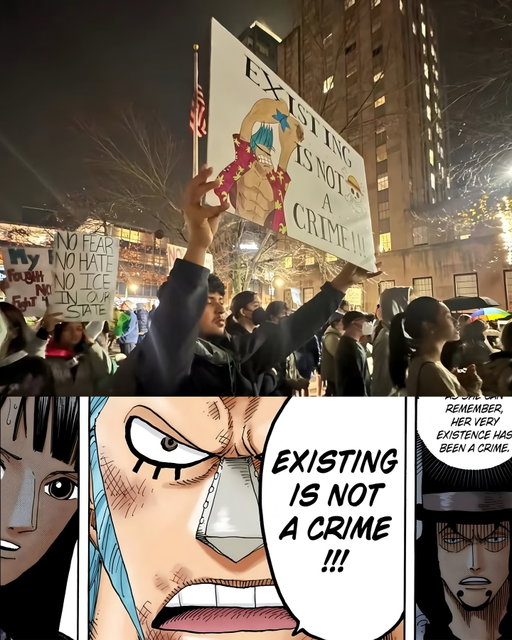 Protesters were seen holding a sign featuring Franky from One Piece with the message “Existing is not a crime” during a demonstration in Minneapolis, a city known for its strong history of civil rights and social justice movements. The protest was connected to immigration rights and opposition to ICE, where participants used powerful visuals to communicate their stance on human dignity and freedom.

Using Franky wasn’t random. As a character who embodies individuality, self-expression, and defiance against unjust systems, Franky fits naturally into real-world activism. One Piece has long explored themes of oppression, identity, and resistance, and moments like this show how those ideas extend far beyond fiction, turning anime symbolism into a universal statement about freedom, belonging, and the right to exist.

Follower goal (82k/85k)
 
(🎥 : @/)

FILM © 1999 Toei Animation Co., Ltd.
© Eiichiro Oda/Shueisha, Toei Animation

This page and its content are fan-made and unofficial. This account does not impersonate, represent, or speak on behalf of Eiichiro Oda, Toei Animation, or any related brand.