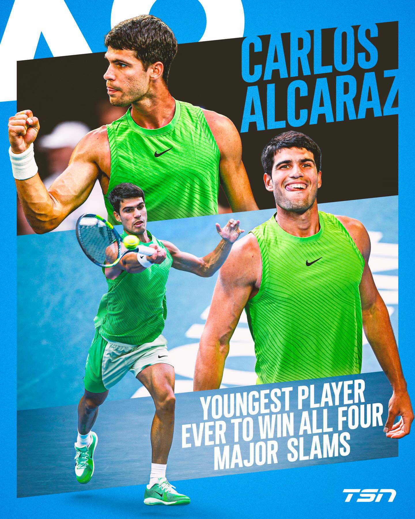 VAMOS! Carlos Alcaraz becomes the youngest male in the Open era to complete the Career Slam: Australian Open, Roland Garros, Wimbledon, and US Open 🇪🇸 

#AusOpen