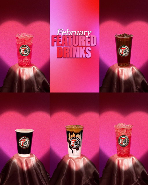 IT’S ALL LOVE 💘 Five new drinks you’re about to fall for 

🍓 NEW Chocolate Dipped Strawberry Cold Brew: dark chocolate* + strawberry* 
💖 Raspberry Truffle Macchiato: raspberry* + white chocolate* 
💘 Love Potion 7 Energy: kiwi + passion fruit + strawberry* 
☕ Cupid’s Special Cocoa: toasted marshmallow* + white chocolate* 
🧜‍♀️ Pink Mermaid 7 Fizz Soda: coconut* + strawberry* + watermelon 
*Sugar-free flavors available