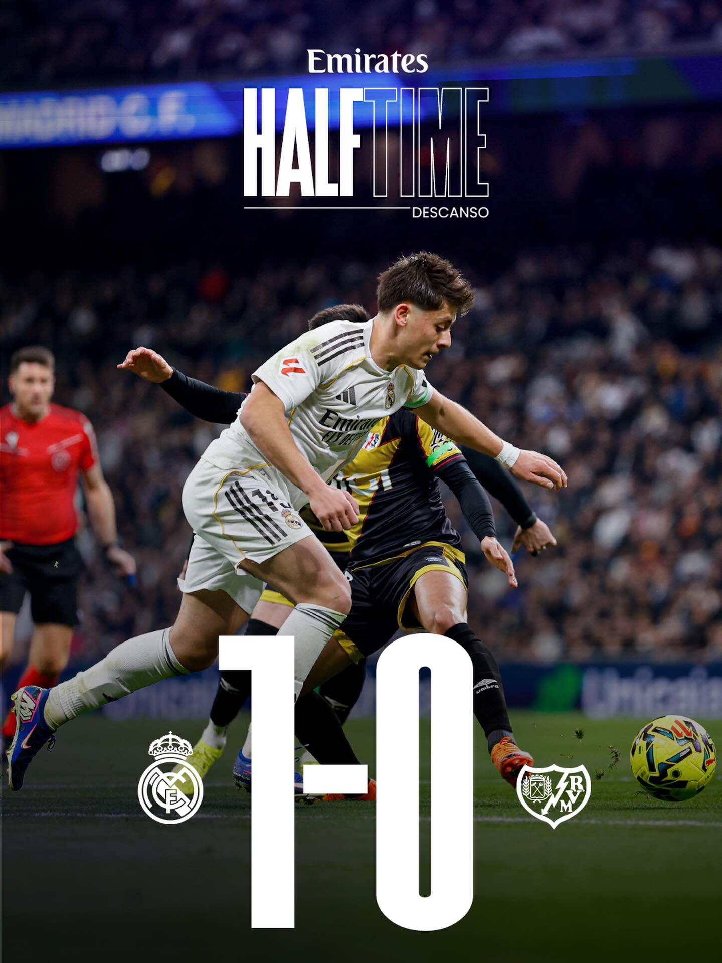 ⏸️ HT: Real Madrid 1-0 Rayo Vallecano 
⚽ 15’ @ViniJr
@emirates | #RealMadridRayo