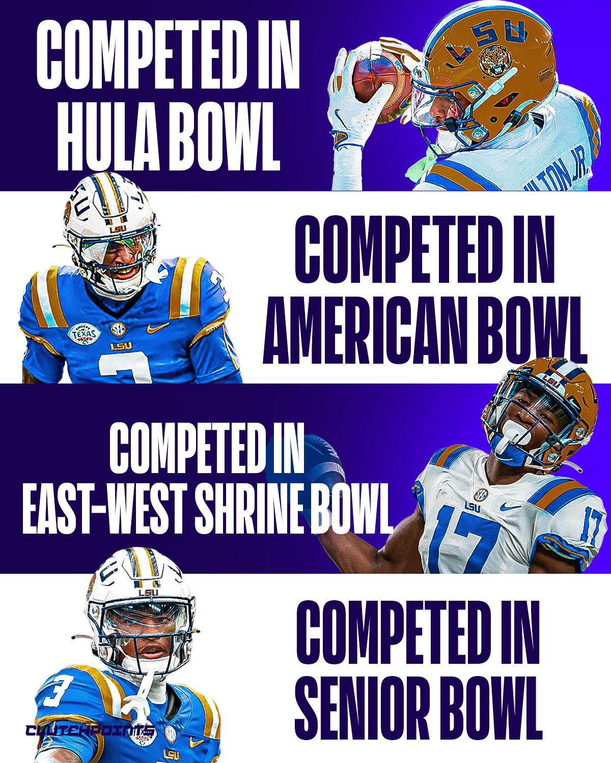 When they talk about seize  the pre-draft process, they’re talking about Chris Hilton Jr. 

The LSU wideout is officially making history this month as the first college player ever to compete in all four major pre-draft all-star games.

While most prospects pick one, Hilton is taking the "Iron Man" route to prove he belongs at the next level

Hula Bowl (Orlando, FL) 
American Bowl (Houston, TX) 
East-West Shrine Bowl (Frisco, TX)
Senior Bowl (Mobile, AL)

Just hours after finishing the Shrine Bowl on Tuesday night, Hilton received a late-call invite to the Senior Bowl and immediately hopped a flight to Mobile to keep the momentum going. 

Hilton spent years at LSU competing for targets alongside first-rounders like Malik Nabers and Brian Thomas Jr.

Now, by hitting every stage available, he’s making sure the spotlight is finally on him.