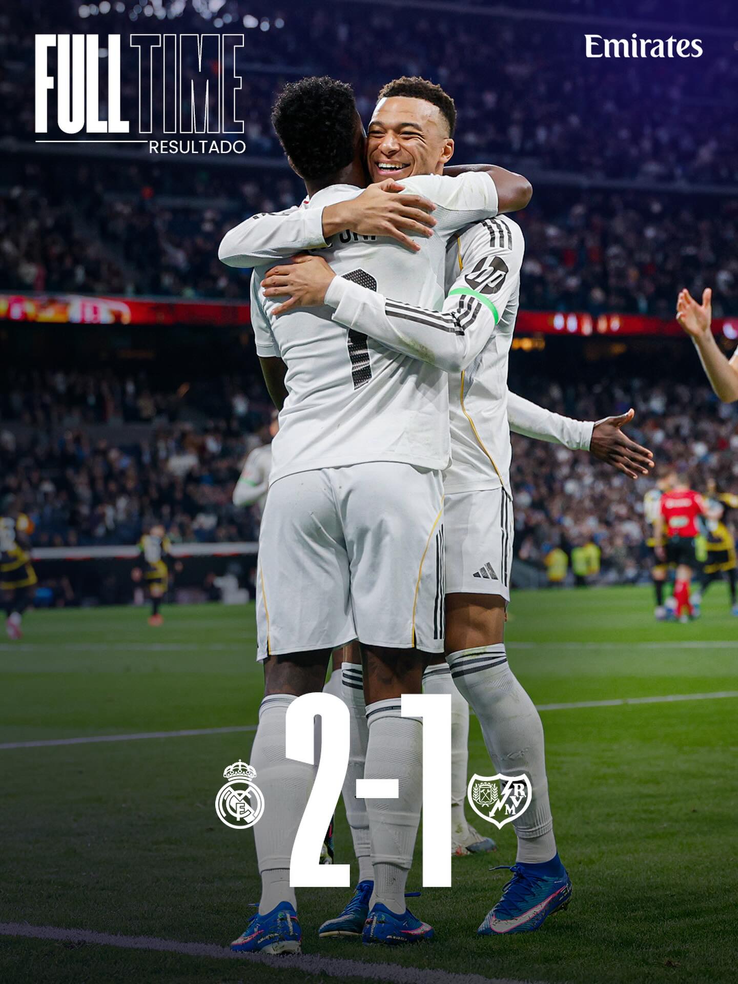 🏁 FT: Real Madrid 2-1 Rayo Vallecano
⚽ 15’ @ViniJr
⚽ 49’ De Frutos
⚽ 90’+10’ @K.Mbappe (p)
@emirates | #RealMadridRayo