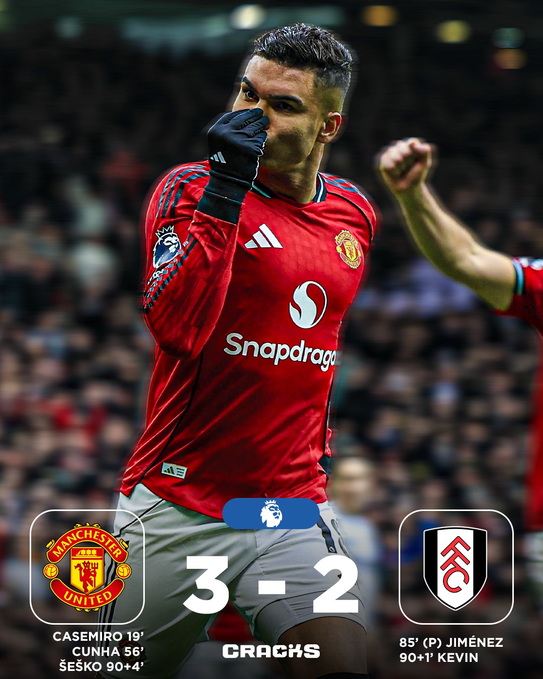 ➟ 𝙁𝙄𝙉𝘼𝙇 | Manchester United 3-2 Fulham

𝐅𝐈𝐍𝐀𝐋 𝐂𝐀𝐑𝐃𝐈́𝐀𝐂𝐎. ¡United lo ganó épicamente!

Jornada 24 🗓 | Premier League 🏴󠁧󠁢󠁥󠁮󠁧󠁿