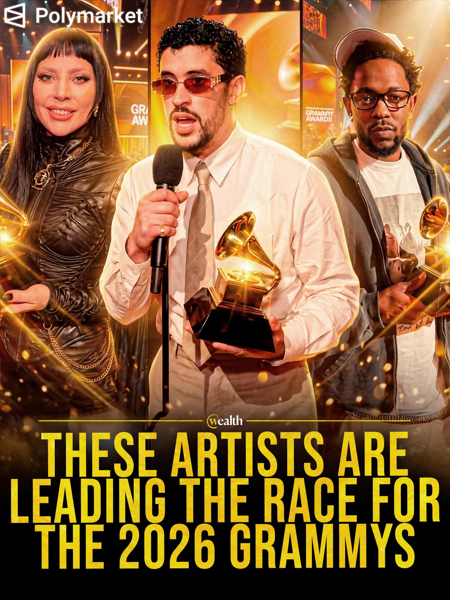 Music’s biggest night now has real-time odds 🏆

From Kendrick Lamar to Sabrina Carpenter, Grammy Awards conversation this year feels like a fight over who really owned the year.

On @polymarket, traders price Bad Bunny at 65% to take Album of the Year, which tells you the crowd’s already treating it like a settled trade.

Even in a streaming-everything era, last year’s telecast drew about 15 million viewers, so one win can still turn into a real bump in streams.

The Grammys go live tonight at 8 p.m. ET on CBS, with streaming on Paramount+.

#Polymarketpartner