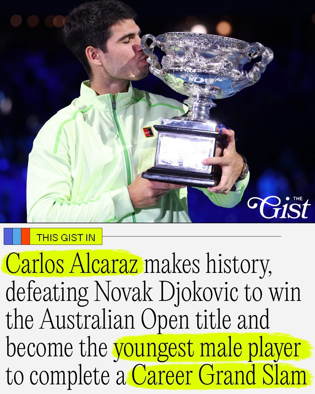 Locked in. 🏆🎾⁣
⁣
Carlos Alcaraz made history, defeating Novak Djokovic to claim his first Australian Open title and become the youngest man ever to complete a career Grand Slam — winning all four major championships. 🔥⁣
⁣
The 22-year-old will also be celebrating his first Australian Open victory with a new tattoo: a kangaroo. He already has a strawberry for Wimbledon, an Eiffel Tower to mark his French Open win, and added the Statue of Liberty after capturing his second US Open title in New York. 🎨⁣
⁣
Djokovic came out swinging, taking the opening set, but Alcaraz rallied to win 2–6, 6–2, 6–3, 7–5 to claim the title and cement his status as the world No. 1. 💪⁣
⁣
At just 22, Alcaraz now joins an exclusive club of only five other men in the Open Era to have won all four Grand Slam titles: the Australian Open, French Open, Wimbledon, and the US Open. 👏⁣
⁣
Congratulations Carlos! 🥳⁣
⁣
(c/o cnn)⁣
#menssports #tennis #carlosalcaraz ⁣