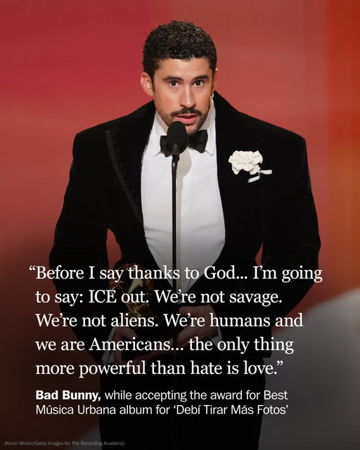 Bad Bunny received a standing ovation for his poignant speech taking aim at ICE as he accepted the award for Best Música Urbana album for “Debí Tirar Más Fotos.”

“If we fight, we have to do it with love,” he said while accepting the Grammy. “We love our people, our family. We love, don’t forget that.”

Follow more live updates by tapping the link in our bio.