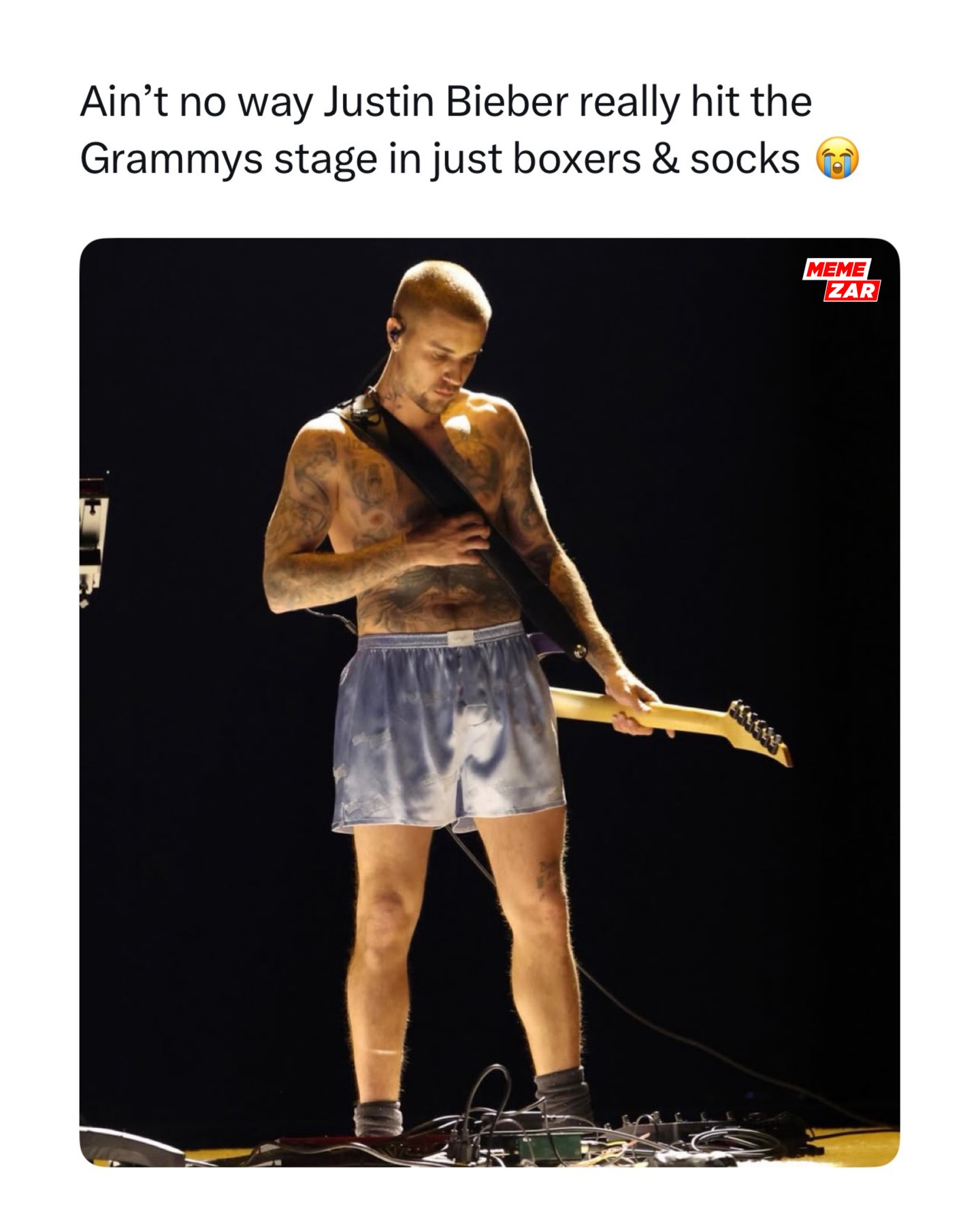 Swipe 😭➡️ At the 2026 Grammy Awards, Justin Bieber made one of the year’s most talked-about moments by hitting the stage wearing almost nothing.. just a pair of boxers and socks while performing his nominated song Yukon. It was his first solo Grammy performance in four years, and instead of a big production he chose a minimalist setup, playing guitar and singing with raw energy while shirtless. ￼

The bold look drew cheers from the crowd and instantly went viral online, with fans and critics alike calling it a memorable, intimate showcase of his comeback to live performance after a long hiatus. ￼

#memezar #justinbieber #grammys2026
