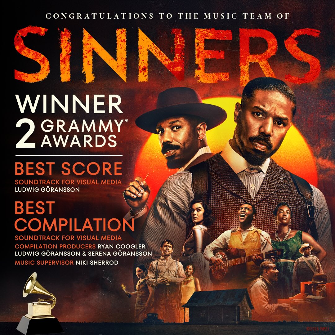 Thank you to the Recording Academy for honoring “Sinners” with two Grammy Awards, Best Score Soundtrack for Visual Media and Best Compilation Soundtrack for Visual Media, at the 2026 Grammy Awards!

@grammys | #Grammys